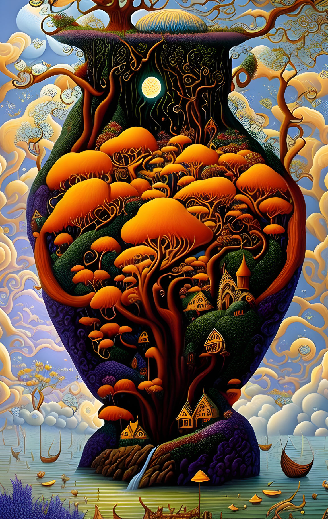 Vibrant tree-filled landscape in vase shape with orange hues, houses, and boats