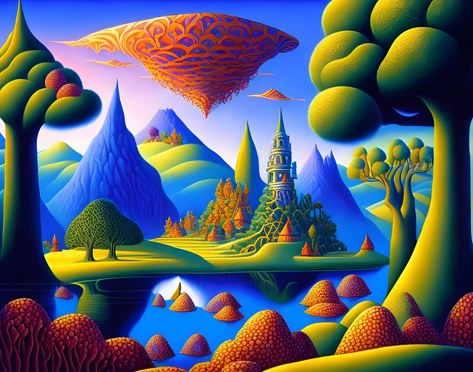 Fantastical landscape with whimsical trees, floating islands, mountains, and castle