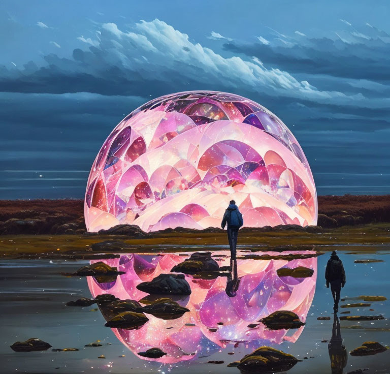 Surreal pink bubble structure reflected in twilight landscape