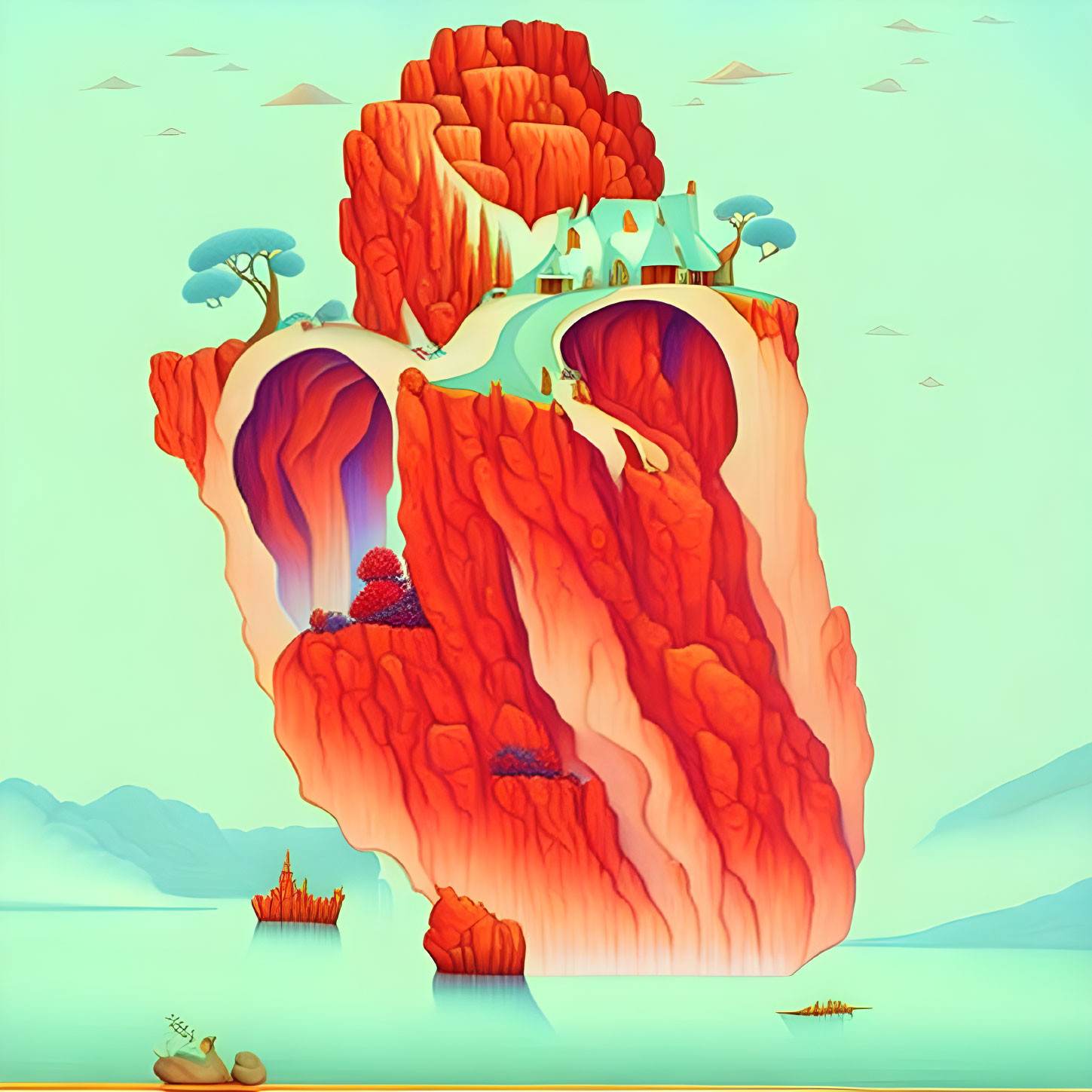 Surreal floating island with fiery waterfall & vibrant sky