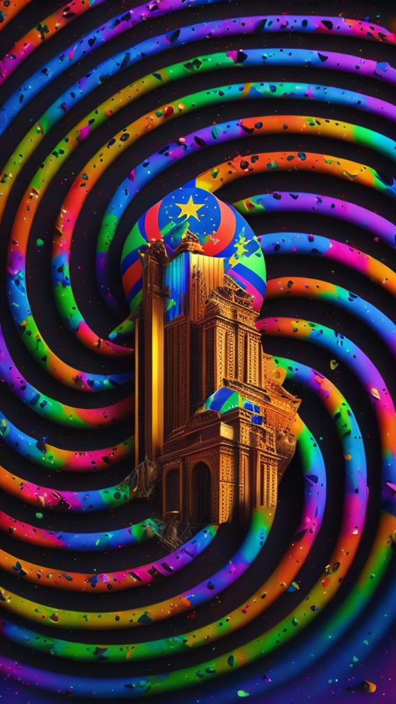 Vibrant digital artwork: Glowing cathedral amidst swirling rainbow patterns