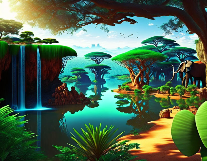 Lush jungle scene with elephant near waterfall & exotic trees