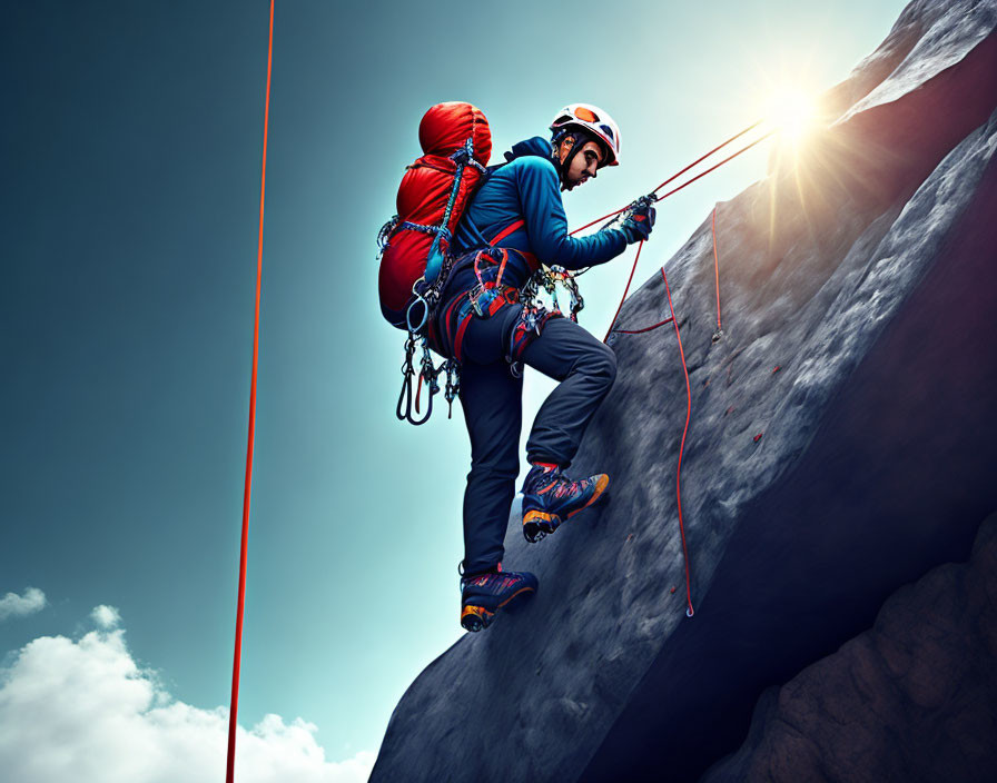 Climber ascends steep rock face under dramatic sky