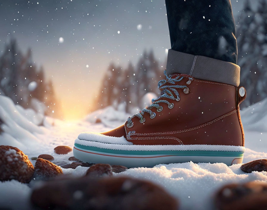 Brown boot in snow with pine cones and falling snowflakes at dusk