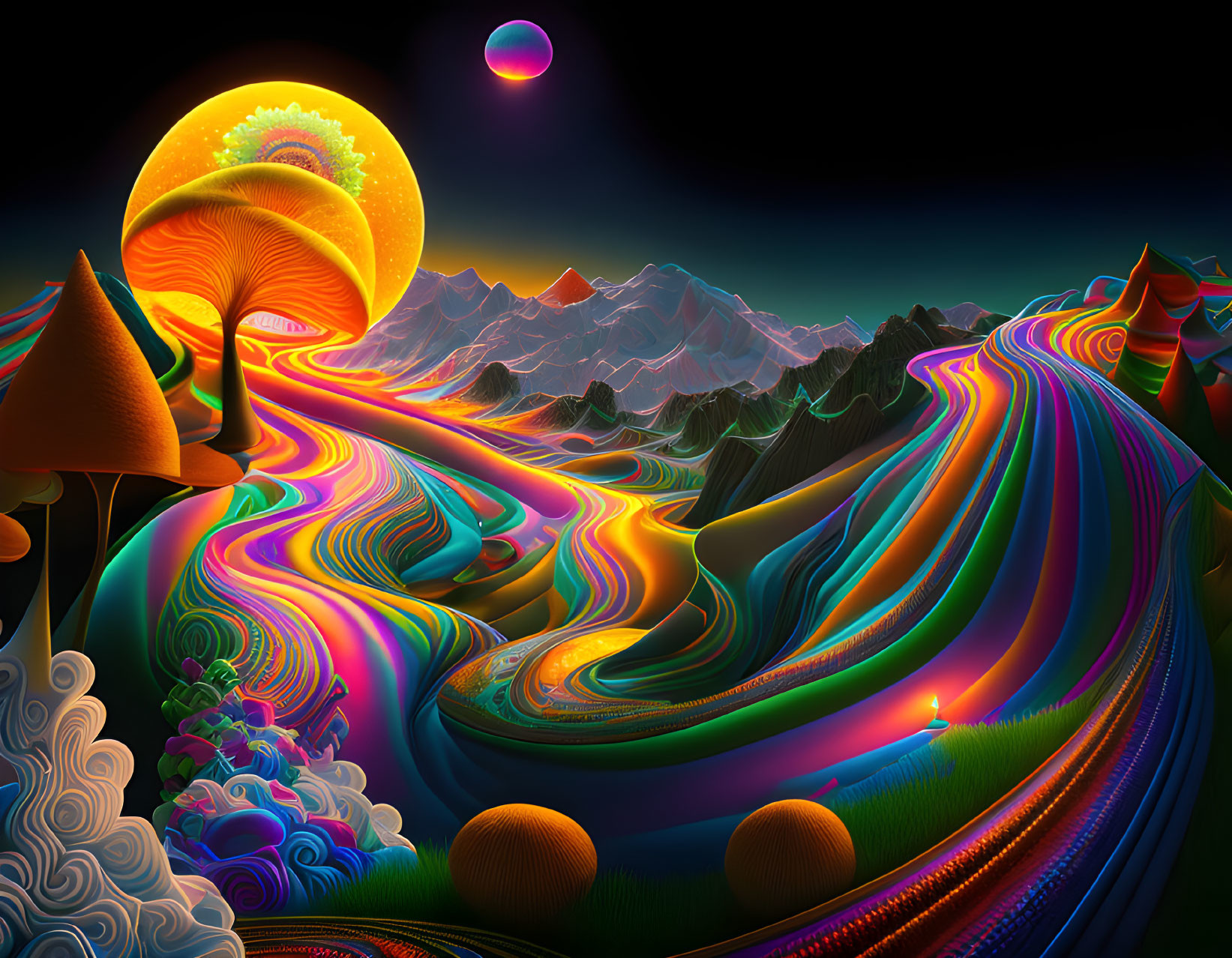 Colorful Psychedelic Landscape with Mountains, Sun, Moon, and Starry Sky