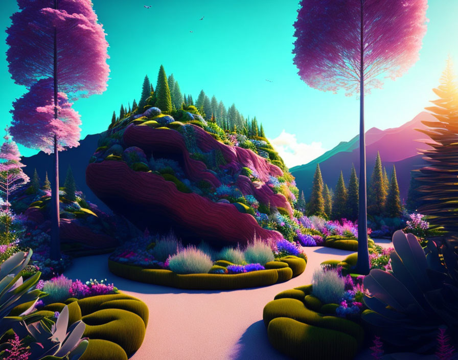 Colorful Landscape with Lush Hills, Pink Trees, and Serene Atmosphere