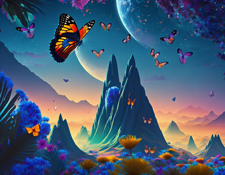 Colorful fantasy landscape with mountains, butterflies, flowers, and moon under starry sky