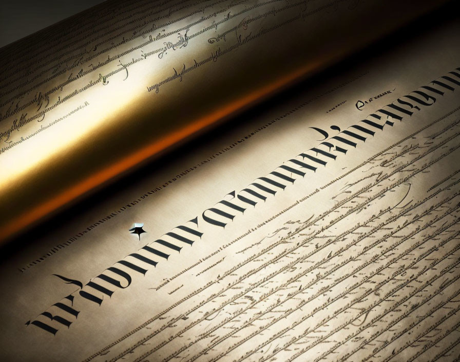 Close-up of open book with elegant cursive script and geometrical patterns on yellowed paper