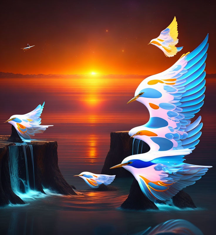 Colorful stylized birds flying over serene sea and sunset.