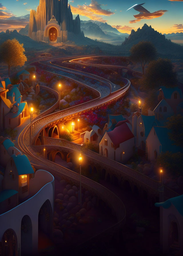 Fantasy dusk landscape with railway, castle, houses, lamps, and flying ship.