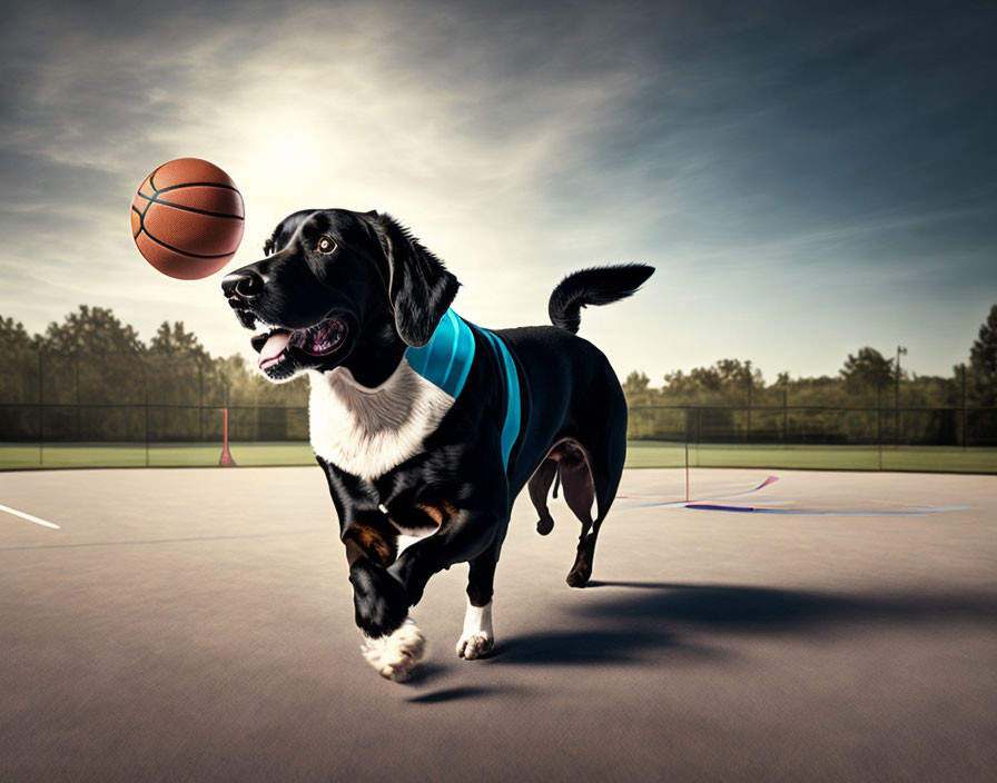 Blue-vested dog playing basketball on outdoor court at twilight