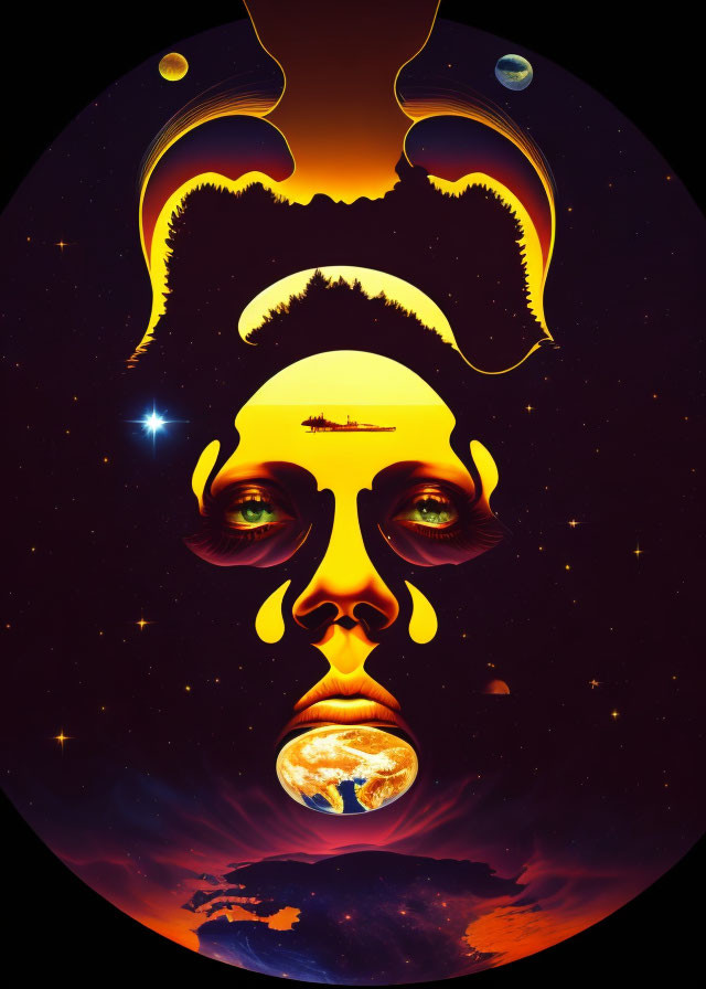 Face integrated with space, planets, stars, and eagle silhouette in surreal cosmic art