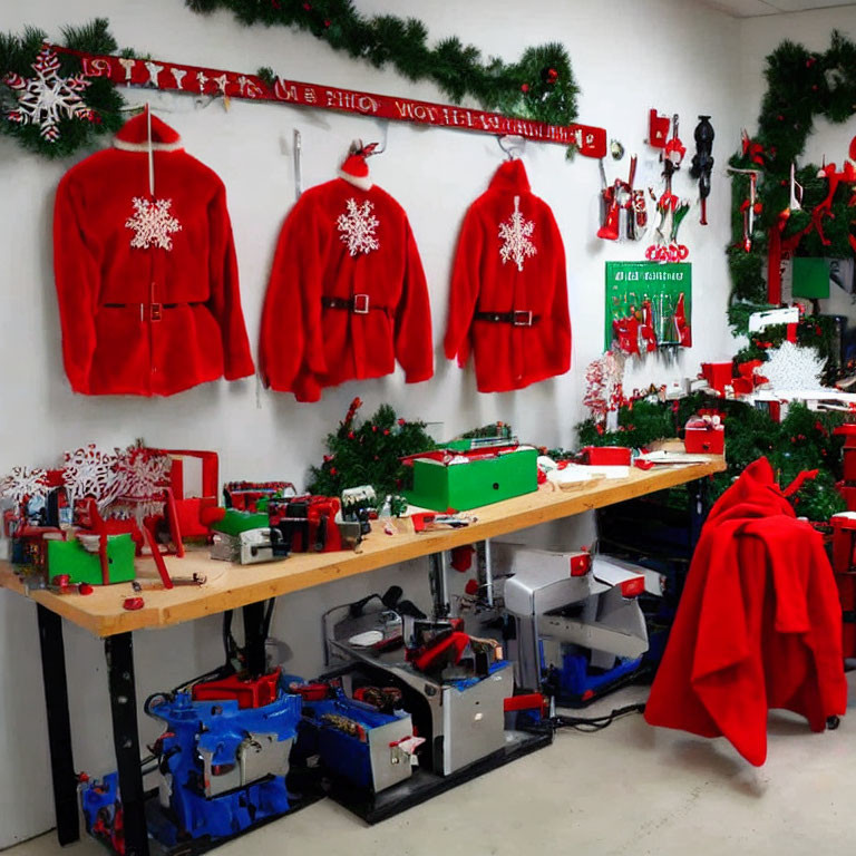 Festive Workshop with Santa Jackets, Workbench, and Christmas Decor