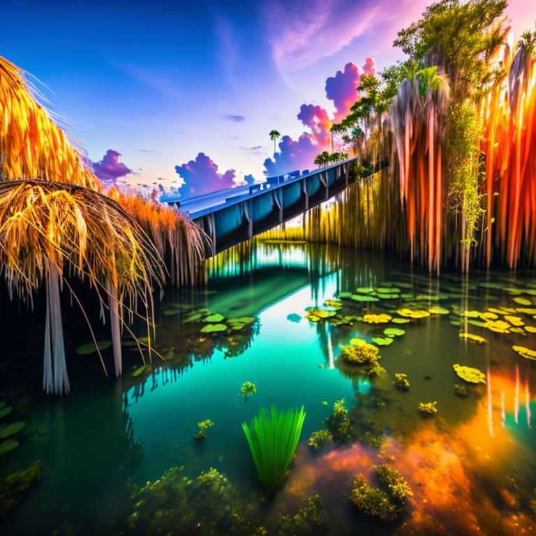 Scenic sunset with clouds reflecting on calm water under bridge