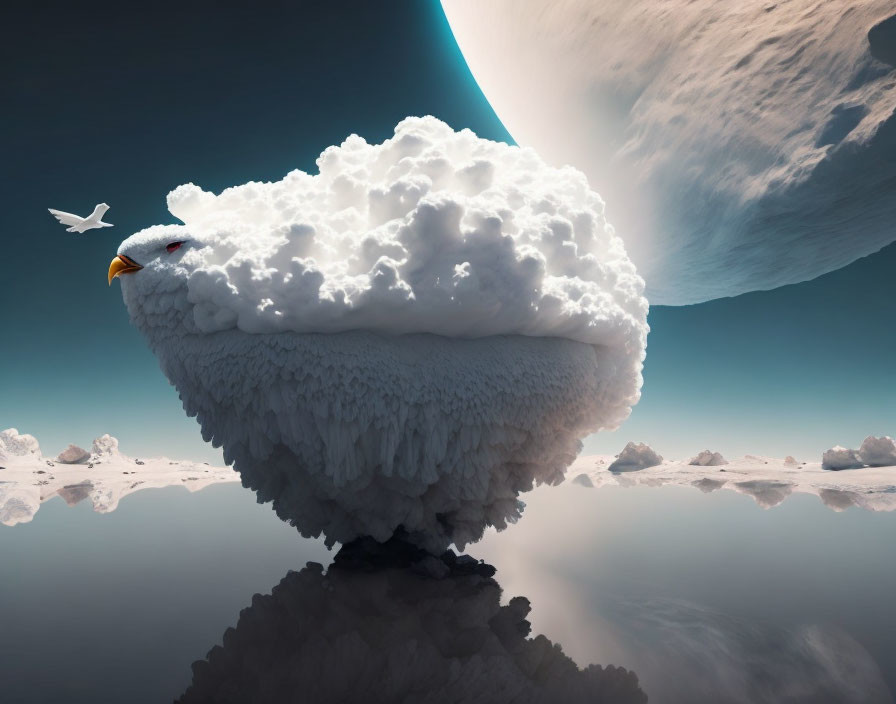 Surreal cloud eagle over reflective surface with celestial body and bird.