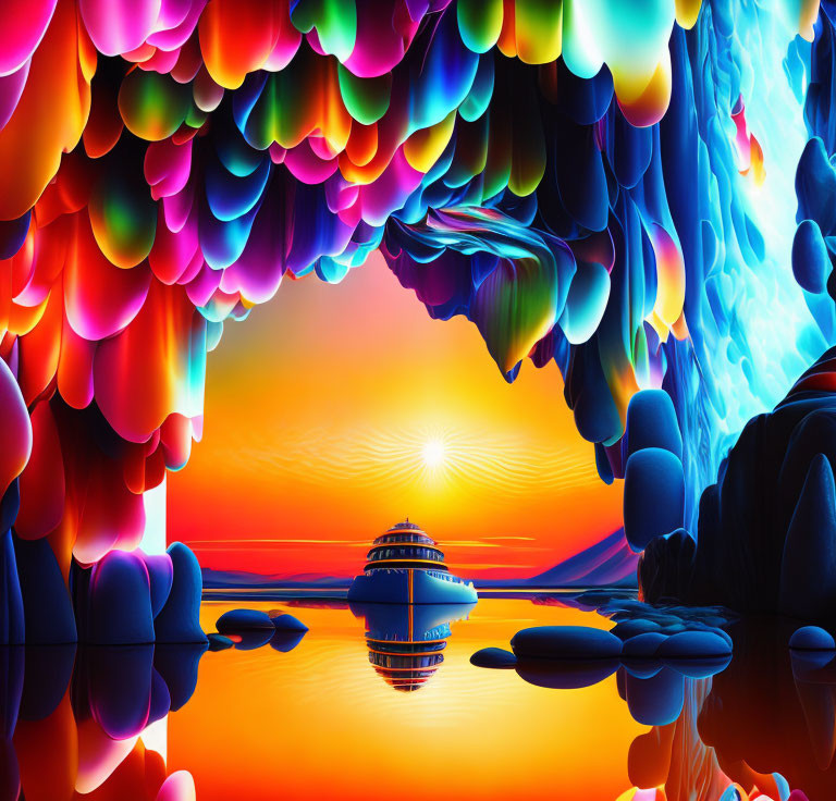 Colorful surreal landscape with feather-like formations and yacht in sunset scene