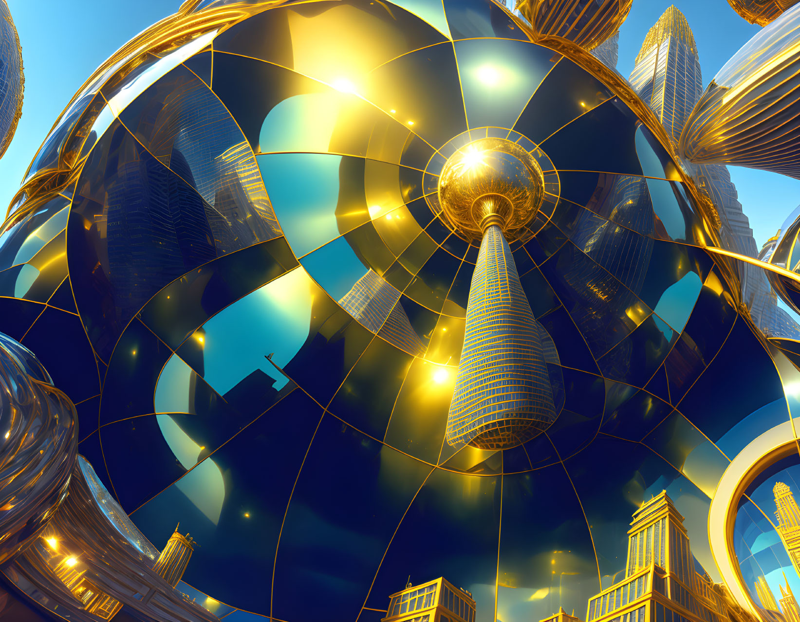 Futuristic cityscape with golden surfaces and intricate architecture