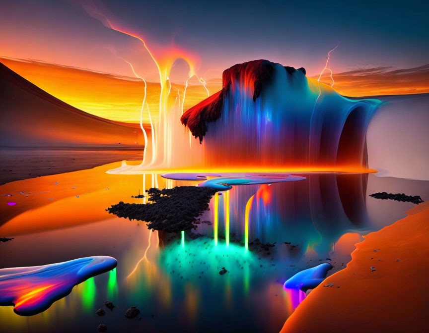 Vibrant waterfall, neon lights, lightning in surreal desert landscape