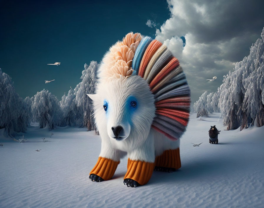 Colorful Knitted Sweater Patterned Creature in Snowy Landscape