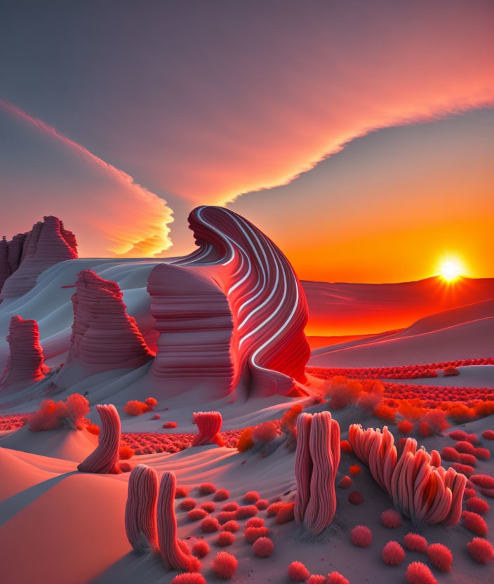 Layered Rock Formations and Sand Dunes in Surreal Landscape at Sunset