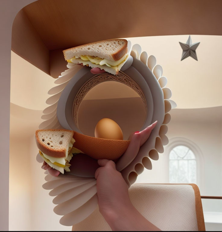 Surreal image of hand with sandwich, egg, and ninja star in circular frames