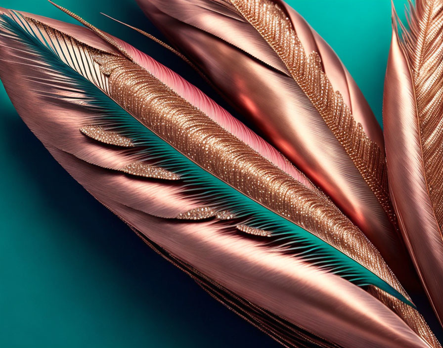 Detailed view of bronze feathers on teal background: intricate textures and vibrant sheen