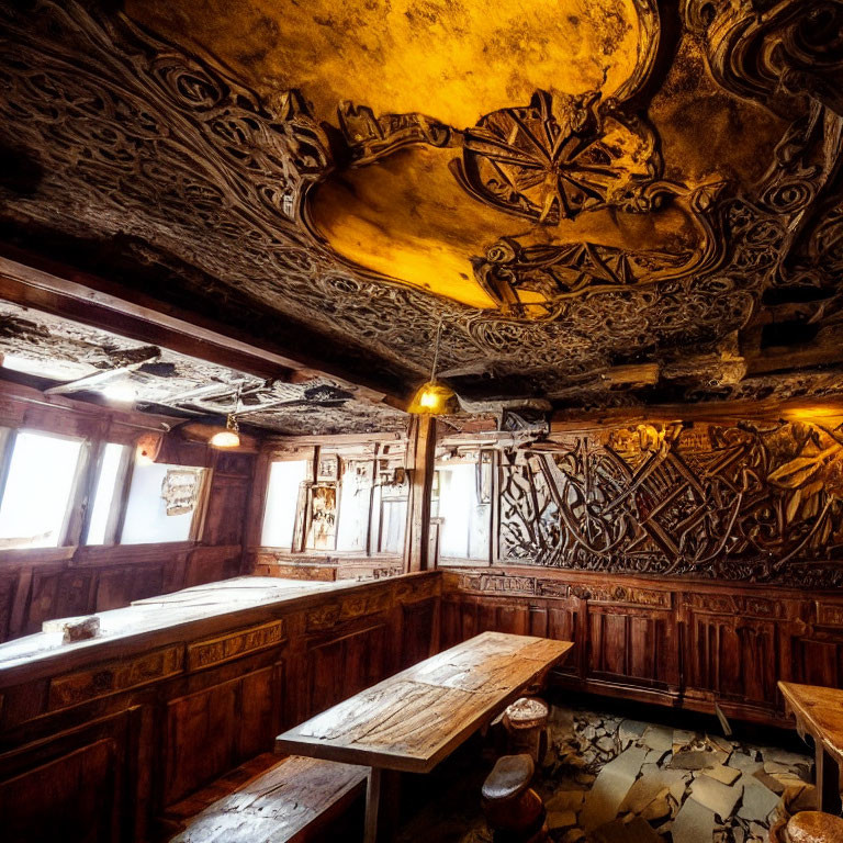 Intricately Carved Wooden Room with Warm Illumination