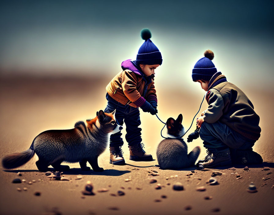 Children petting fox and dog in warm hats on sandy ground