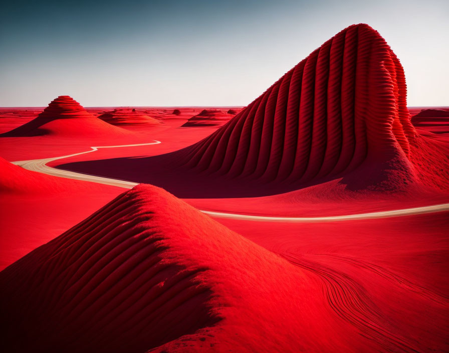 Scenic red sand dunes with ripple patterns and paths