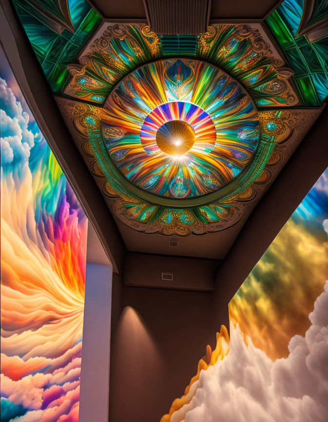 Colorful Ceiling Mural with Sun Design and Cloud-Themed Art