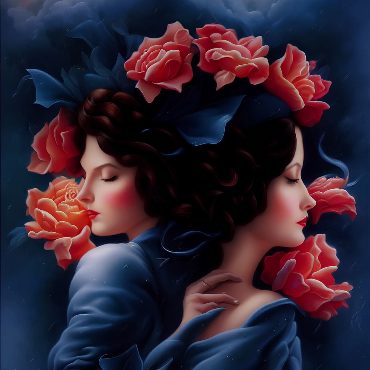 Two Women with Porcelain Skin and Dark Hair Adorned with Red Roses