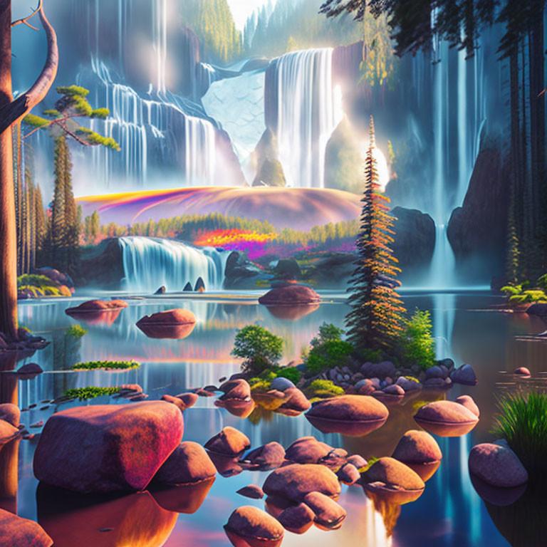 Scenic landscape with waterfalls, rainbow, lake, trees, and boulders