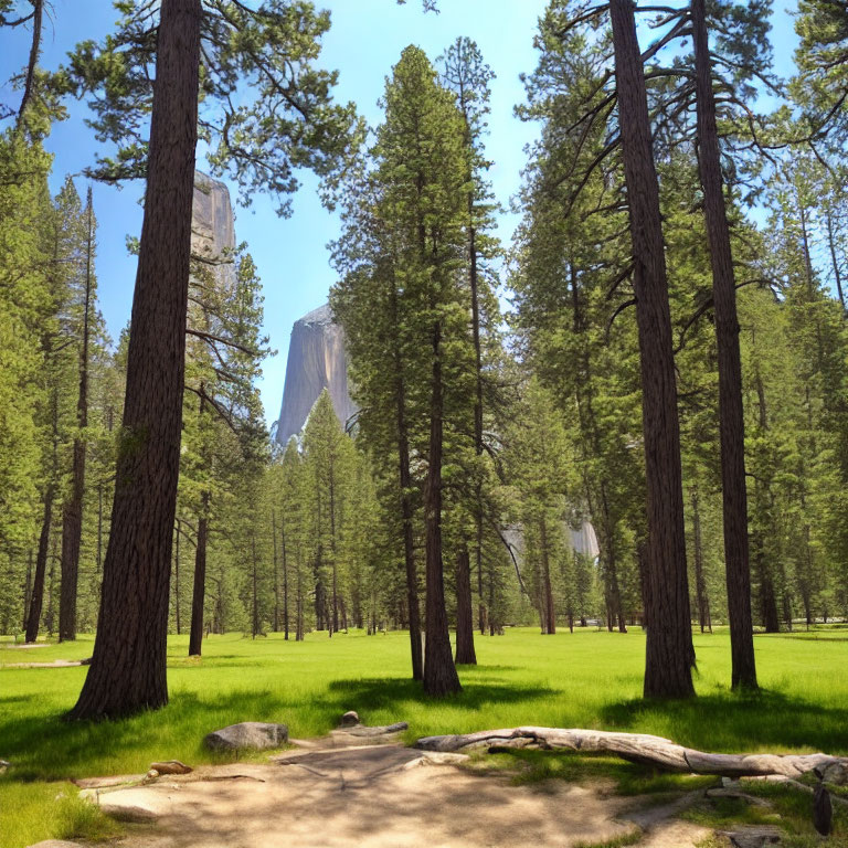 Sunlit forest clearing with tall pine trees and mountain peak in background.