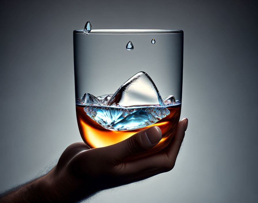 Backlit Hand Holding Glass with Amber Liquid and Ice