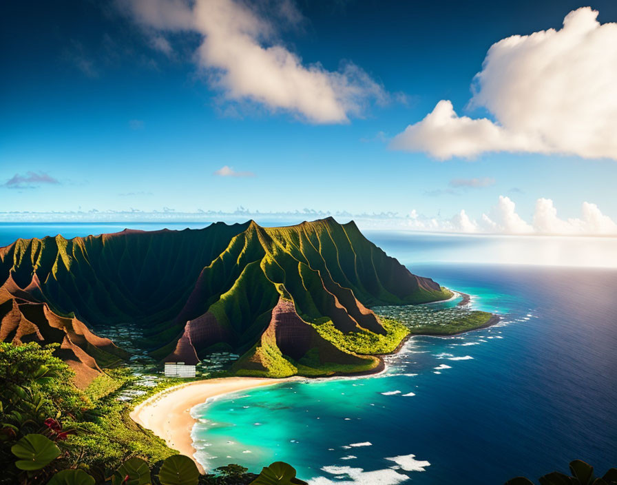 Scenic crescent bay with white sand beach & green cliffs