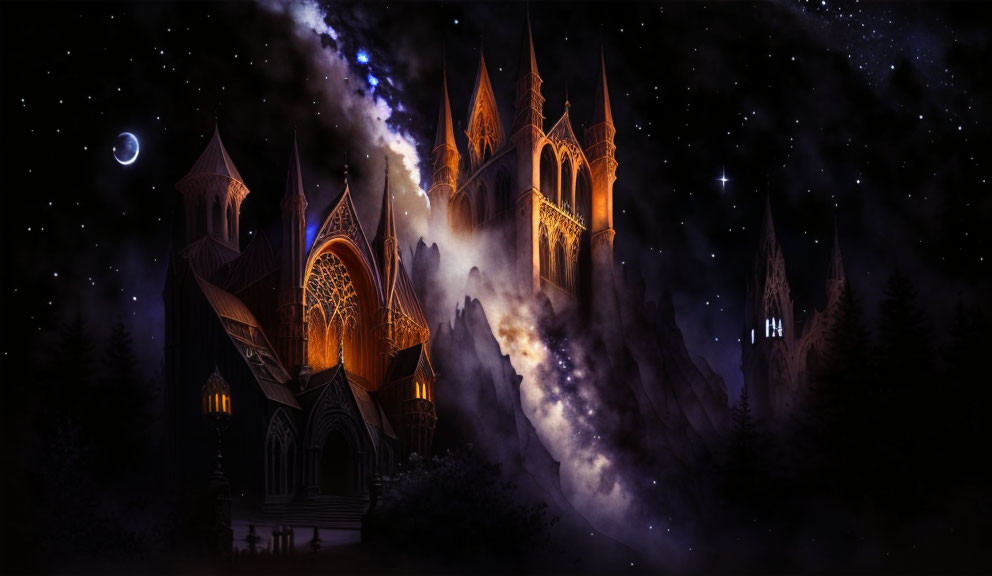 Gothic castle under crescent moon on misty cliffs