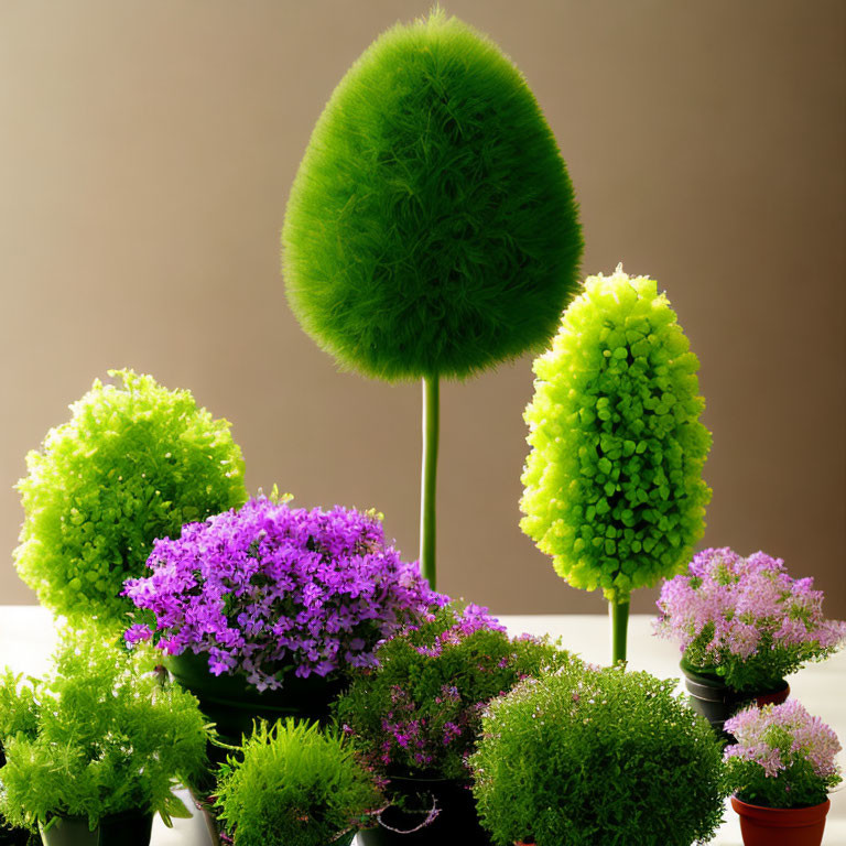 Vibrant green topiary plants and purple flowers in pots on beige background