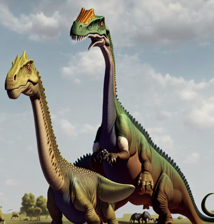 Colorful crested brachiosaurus dinosaurs in prehistoric landscape