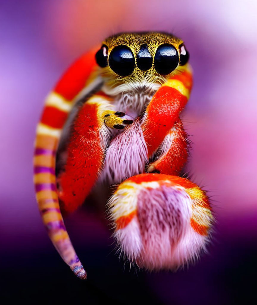 Vibrant red and yellow jumping spider with black eyes on purple background