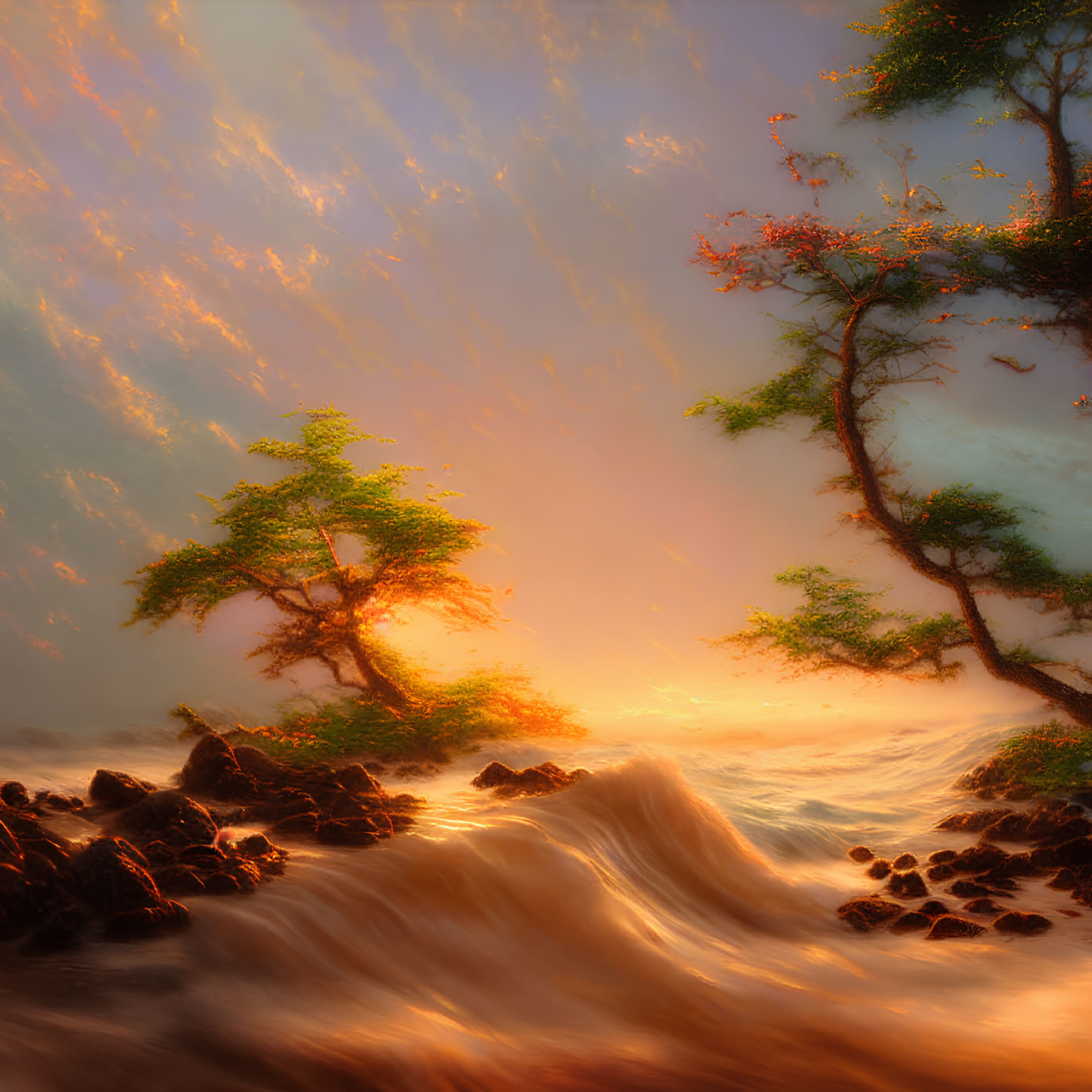 Scenic sunset at rocky shore with crashing waves and red flowers.