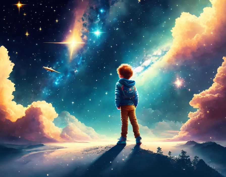 Child admires surreal landscape under vibrant cosmic sky