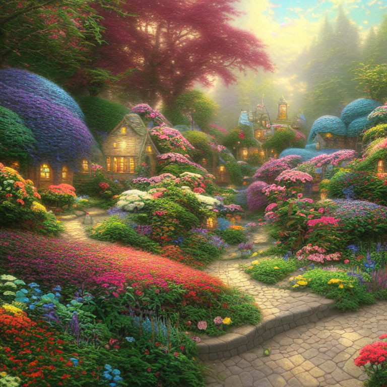 Vibrant Flowers in Enchanted Garden with Cobblestone Path