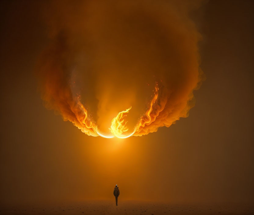 Person standing before massive fiery explosion in sand-filled environment