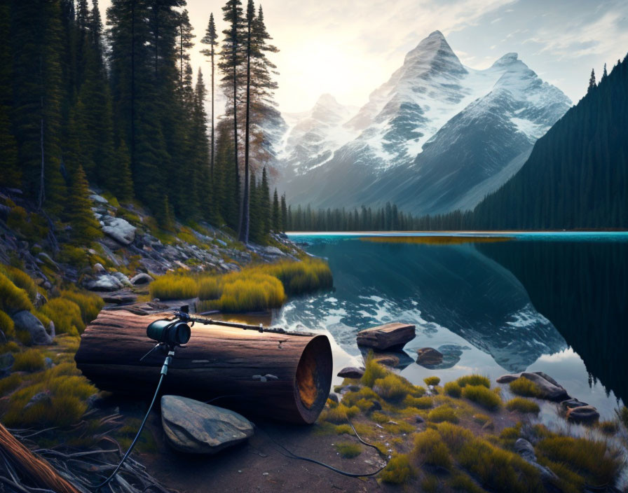 Snow-capped mountains and evergreens reflected in serene lake with telescope on fallen log