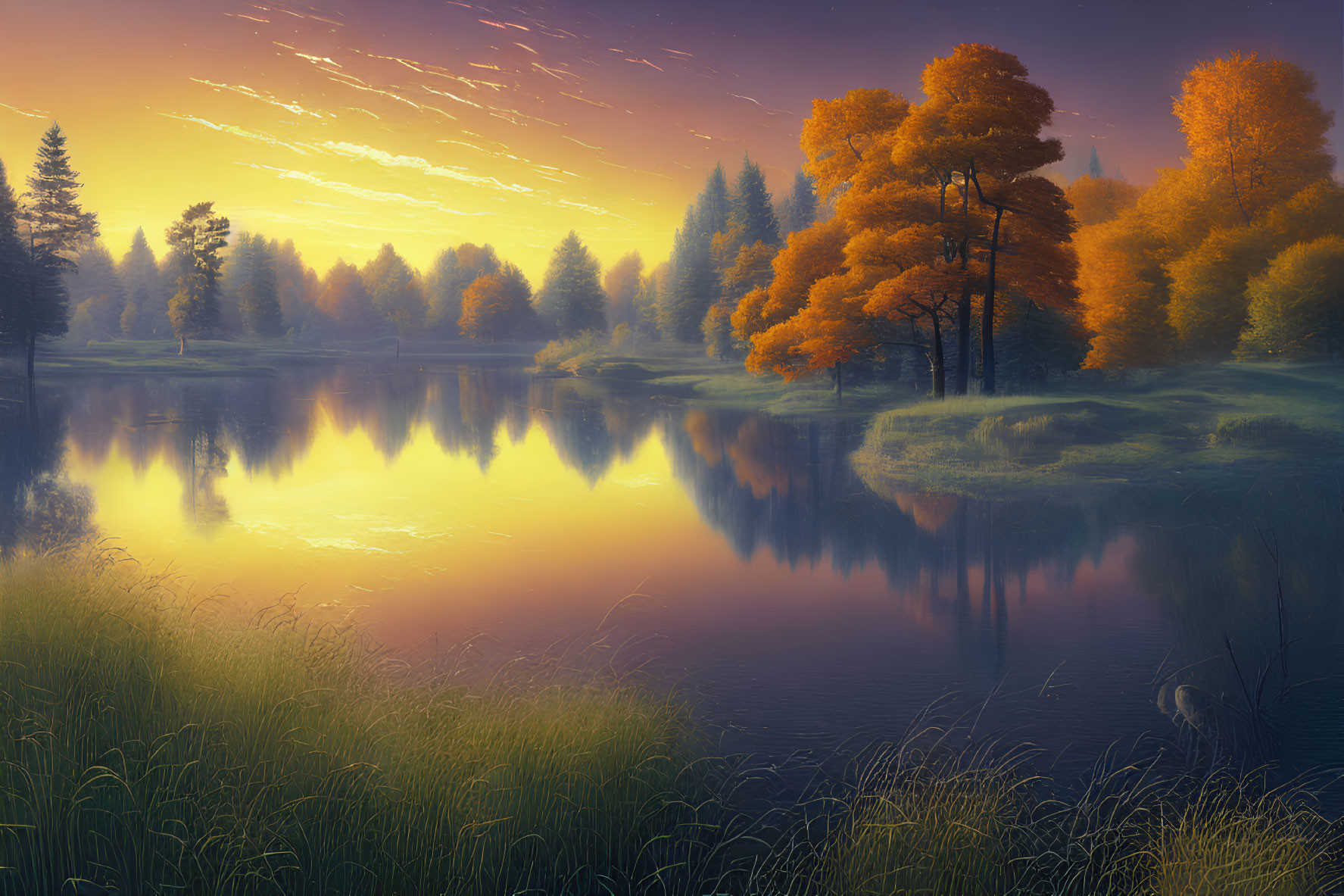 Autumn trees reflected in tranquil sunrise lake with golden light