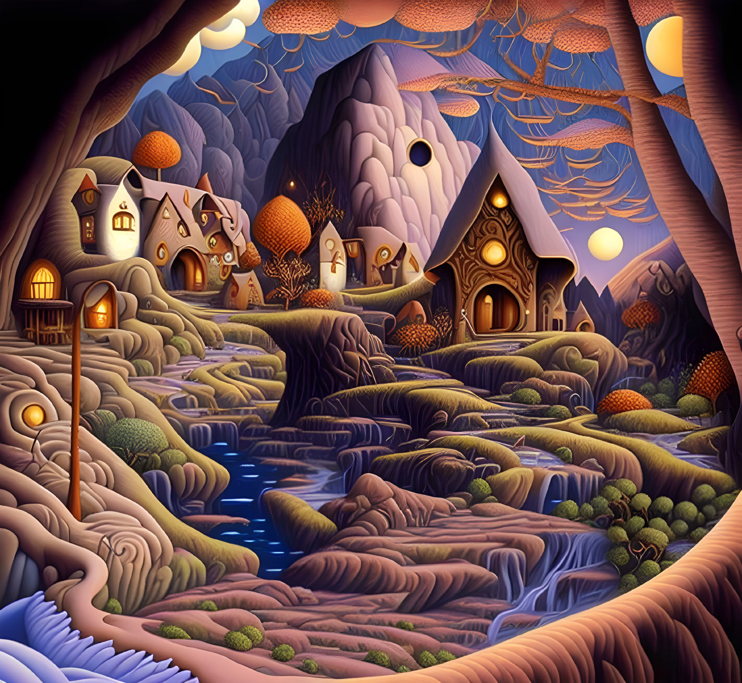 Whimsical houses in fantasy landscape with rolling hills, river, and two moons