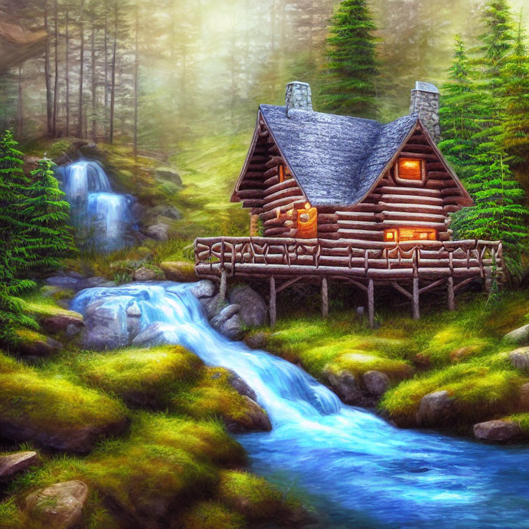 Cozy log cabin near forest stream and waterfall