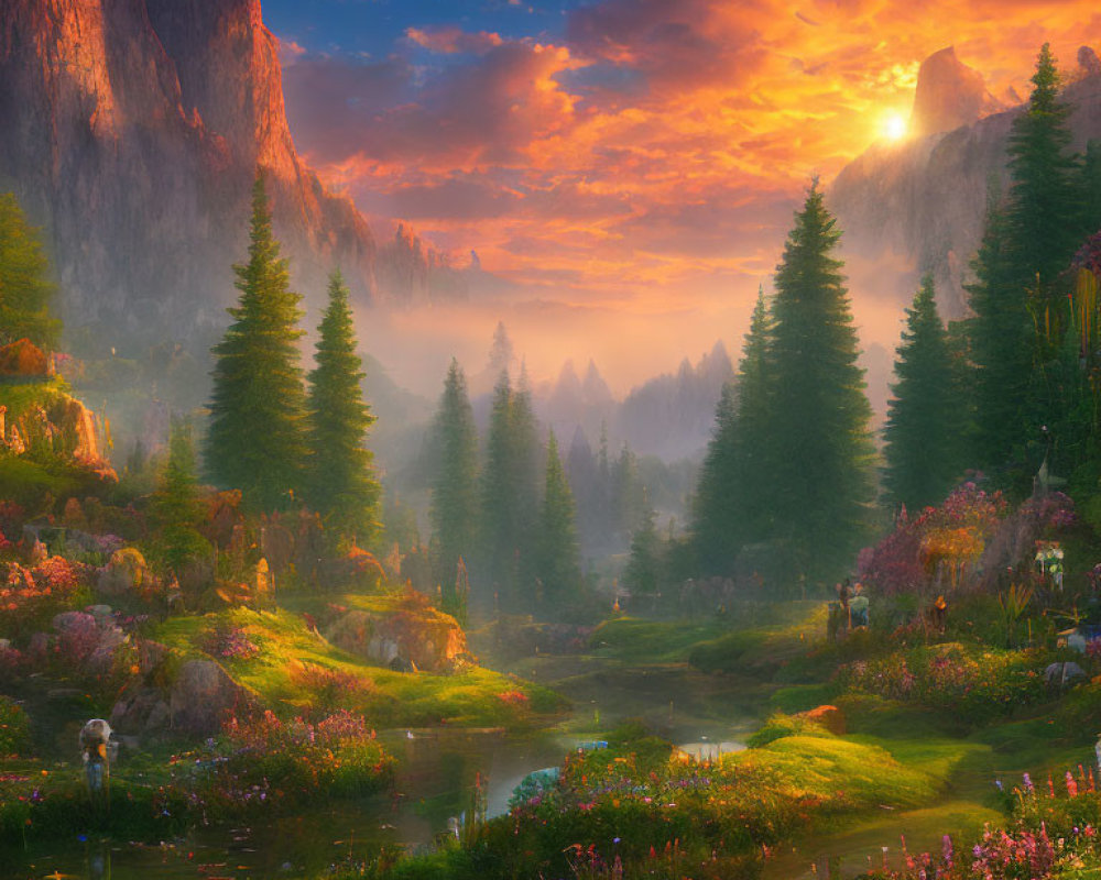 Tranquil Valley with River, Pine Trees, Flowers, and Sunset Sky