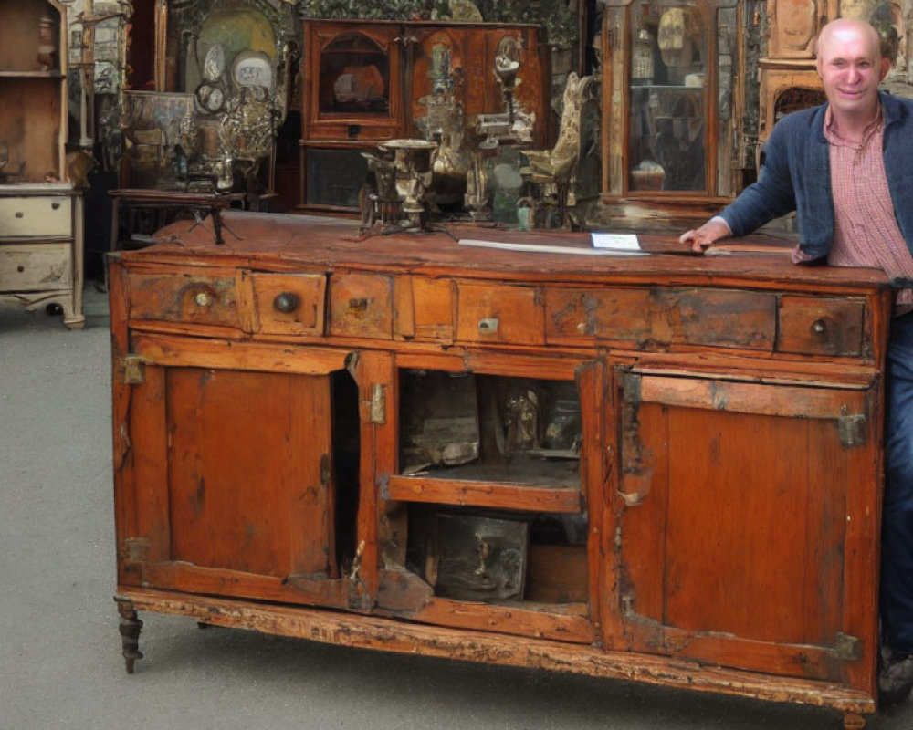 Man standing by antique wooden sideboard with vintage items in background