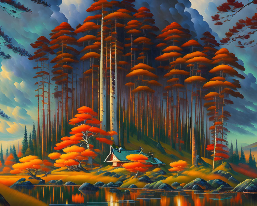 Scenic autumn landscape with tall trees, lake, rocks, and cottage